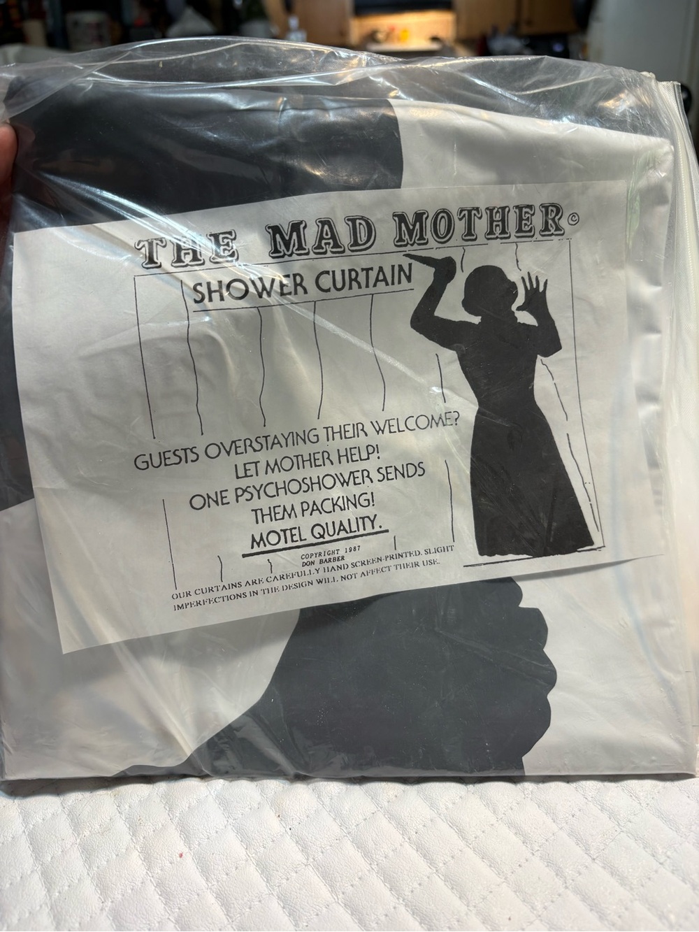 The Mad Mother" shower curtain featuring a silhouette inspired 1960 film Psycho
